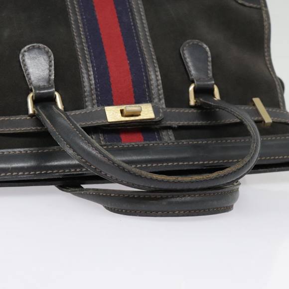 GUCCI Sherry Line Hand Bag Suede Leather Navy Red gold Auth yk14885 - Picture 7 of 16